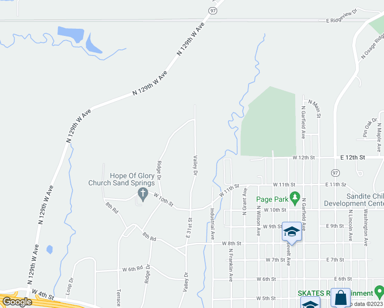 map of restaurants, bars, coffee shops, grocery stores, and more near 1028 Valley Drive in Sand Springs