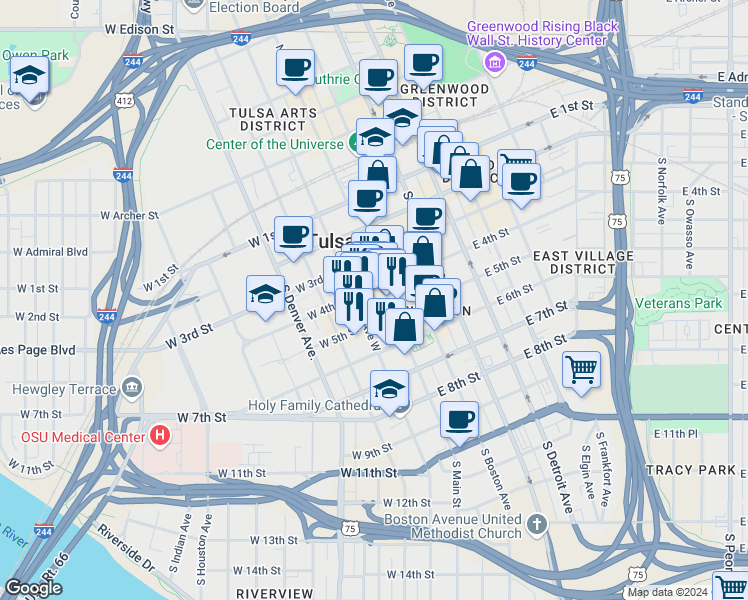 map of restaurants, bars, coffee shops, grocery stores, and more near 423 South Boulder Avenue in Tulsa