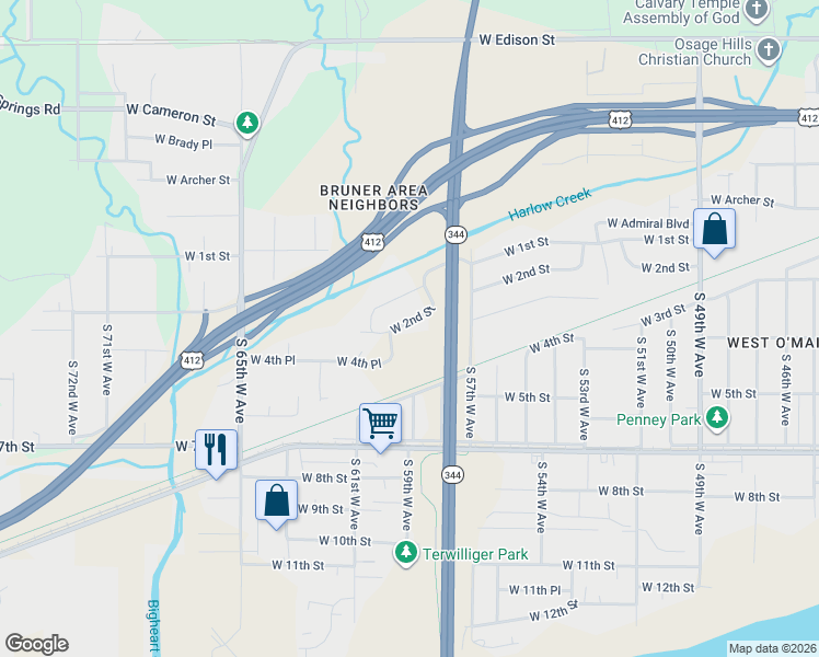 map of restaurants, bars, coffee shops, grocery stores, and more near 5762 West 2nd Street in Tulsa