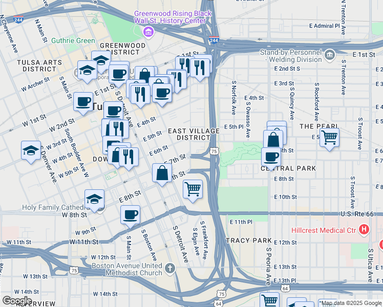 map of restaurants, bars, coffee shops, grocery stores, and more near 607 South Kenosha Avenue in Tulsa