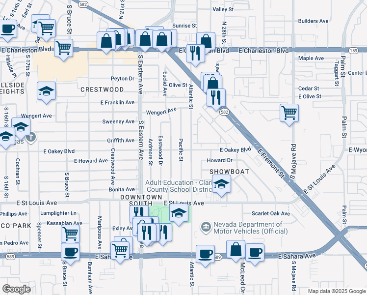 map of restaurants, bars, coffee shops, grocery stores, and more near 1614 Atlantic Street in Las Vegas