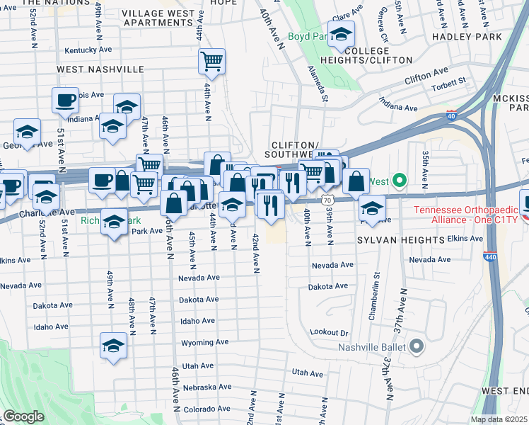 map of restaurants, bars, coffee shops, grocery stores, and more near 4105 Charlotte Avenue in Nashville