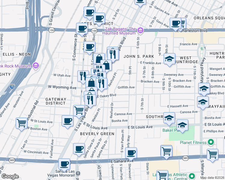 map of restaurants, bars, coffee shops, grocery stores, and more near 1608 Houssels Avenue in Las Vegas