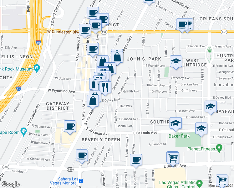 map of restaurants, bars, coffee shops, grocery stores, and more near 1608 Houssels Avenue in Las Vegas