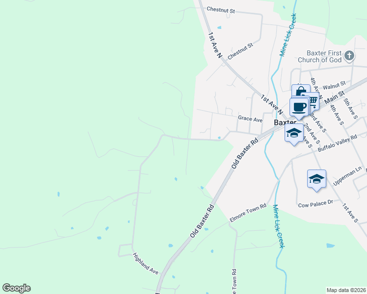 map of restaurants, bars, coffee shops, grocery stores, and more near 261 Empire Avenue in Baxter