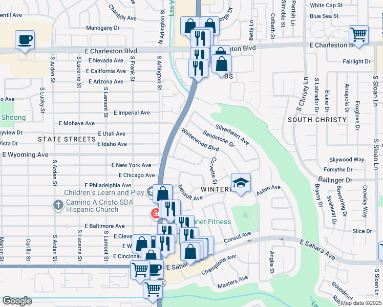 map of restaurants, bars, coffee shops, grocery stores, and more near 5115 Blossom Avenue in Las Vegas
