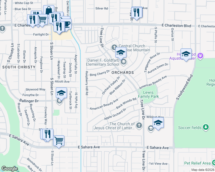 map of restaurants, bars, coffee shops, grocery stores, and more near 6114 Autumn Rose Way in Las Vegas