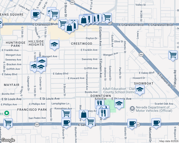 map of restaurants, bars, coffee shops, grocery stores, and more near 2008 East Oakey Boulevard in Las Vegas