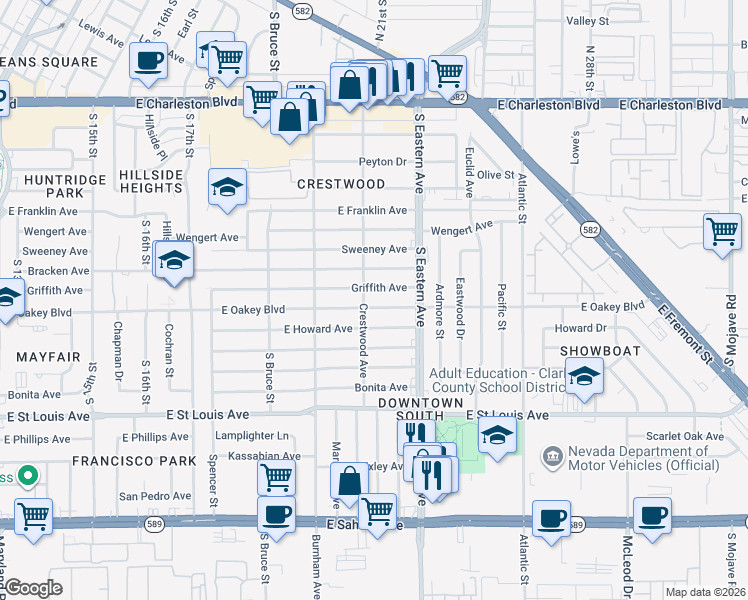 map of restaurants, bars, coffee shops, grocery stores, and more near 2008 East Oakey Boulevard in Las Vegas