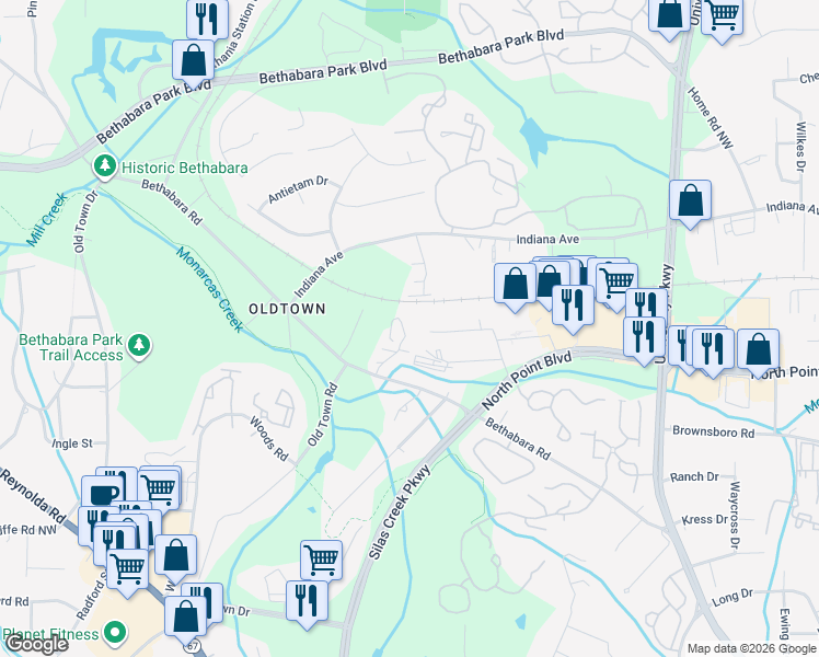 map of restaurants, bars, coffee shops, grocery stores, and more near 5750 Hickory Knoll Drive in Winston-Salem