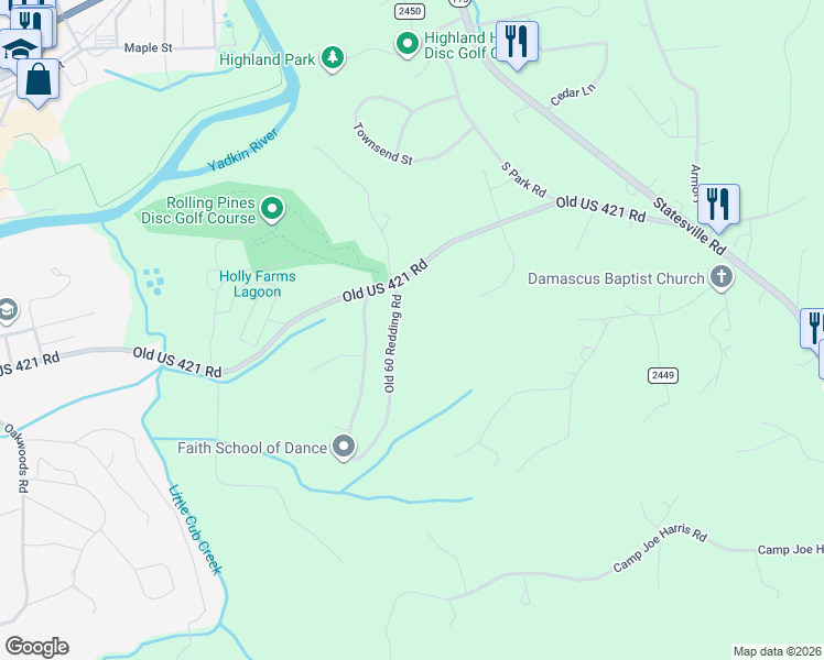 map of restaurants, bars, coffee shops, grocery stores, and more near 199 Lincoln Heights Road in North Wilkesboro