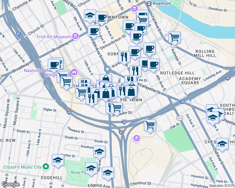 map of restaurants, bars, coffee shops, grocery stores, and more near 633 7th Avenue South in Nashville