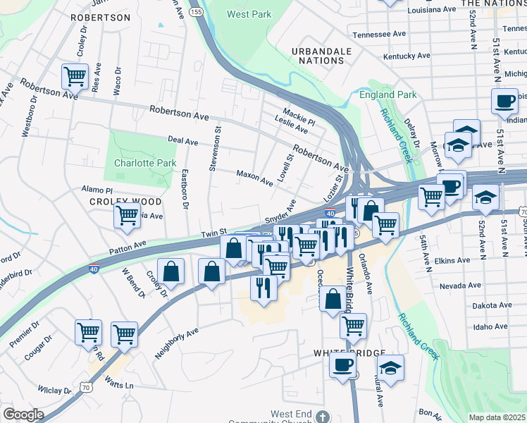 map of restaurants, bars, coffee shops, grocery stores, and more near 5908 Obrien Avenue in Nashville