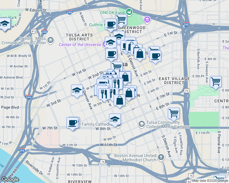 map of restaurants, bars, coffee shops, grocery stores, and more near 17 West 5th Street in Tulsa