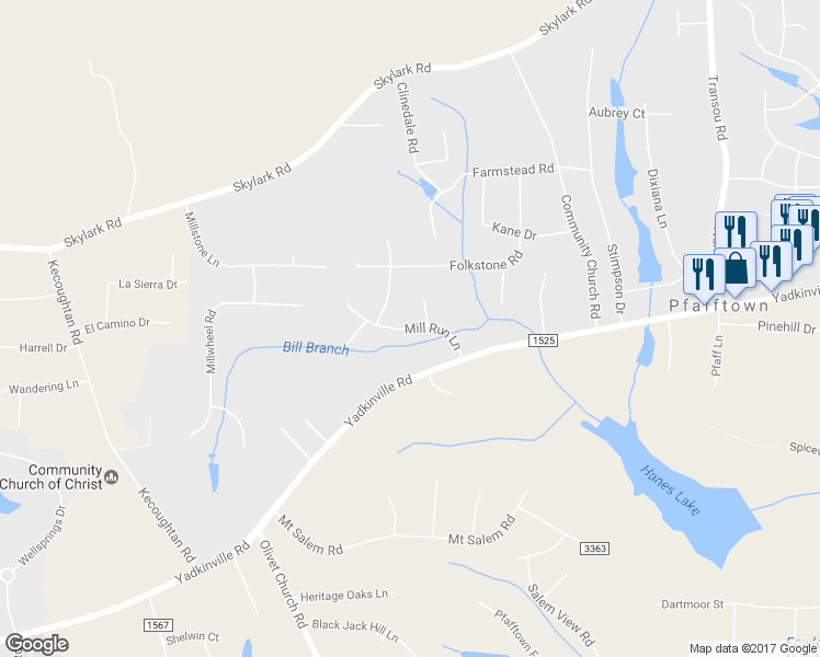 map of restaurants, bars, coffee shops, grocery stores, and more near 3425 Mill Run Lane in Pfafftown