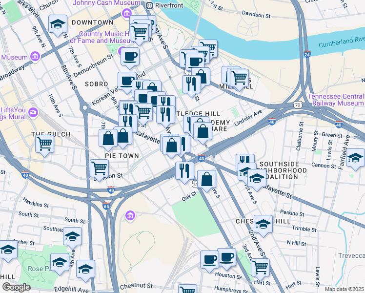 map of restaurants, bars, coffee shops, grocery stores, and more near 800 4th Avenue South in Nashville