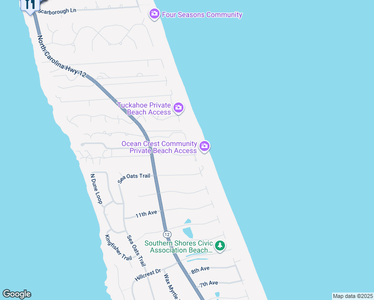 map of restaurants, bars, coffee shops, grocery stores, and more near 106 Ocean Crest Way in Kitty Hawk