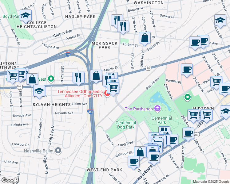 map of restaurants, bars, coffee shops, grocery stores, and more near 8 City Boulevard in Nashville