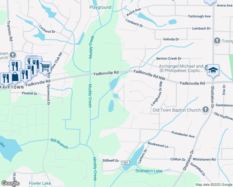 map of restaurants, bars, coffee shops, grocery stores, and more near Greenmeadow Lakes Circle in Winston-Salem
