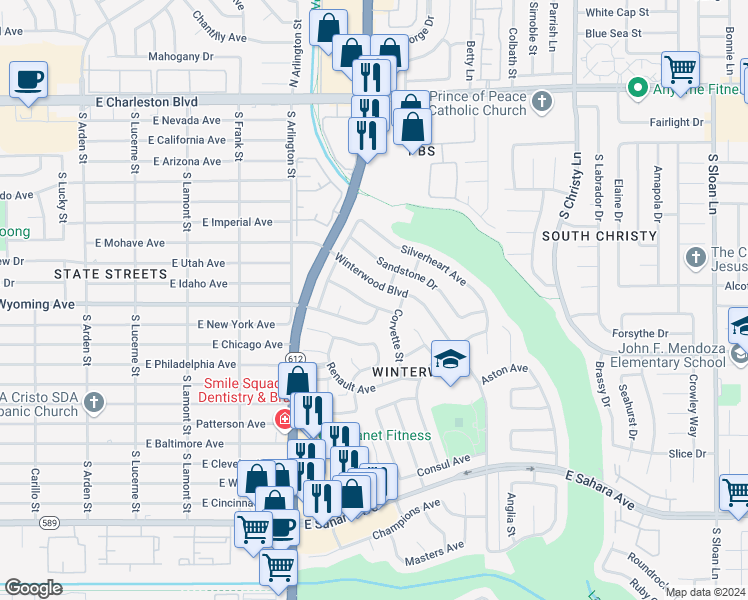 map of restaurants, bars, coffee shops, grocery stores, and more near 5176 Blossom Avenue in Las Vegas