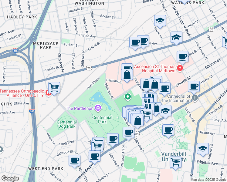 map of restaurants, bars, coffee shops, grocery stores, and more near 1410 25th Avenue North in Nashville