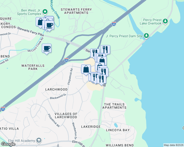 map of restaurants, bars, coffee shops, grocery stores, and more near 3248 Blackwood Drive in Nashville