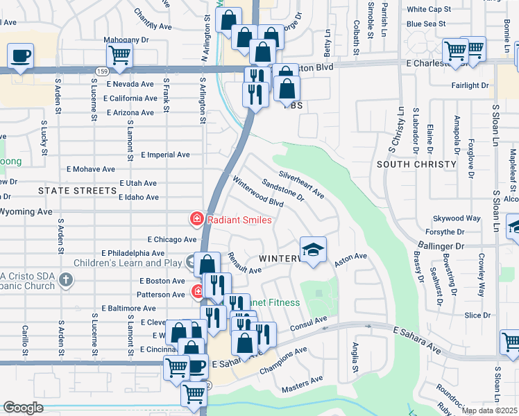 map of restaurants, bars, coffee shops, grocery stores, and more near 5176 Blossom Avenue in Las Vegas