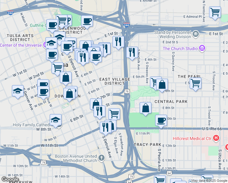 map of restaurants, bars, coffee shops, grocery stores, and more near 607 South Kenosha Avenue in Tulsa