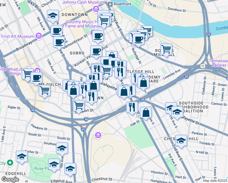 map of restaurants, bars, coffee shops, grocery stores, and more near 709 5th Avenue South in Nashville