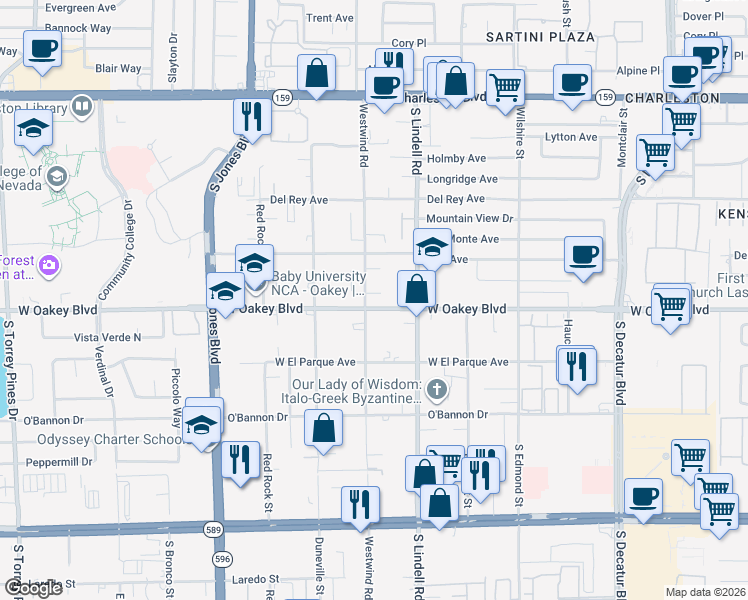 map of restaurants, bars, coffee shops, grocery stores, and more near 5585 West Oakey Boulevard in Las Vegas