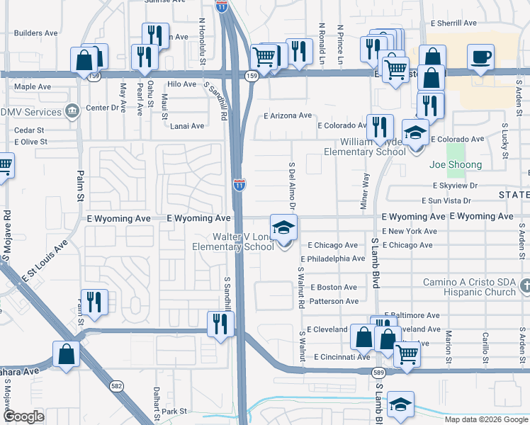 map of restaurants, bars, coffee shops, grocery stores, and more near 3904 East Wyoming Avenue in Las Vegas