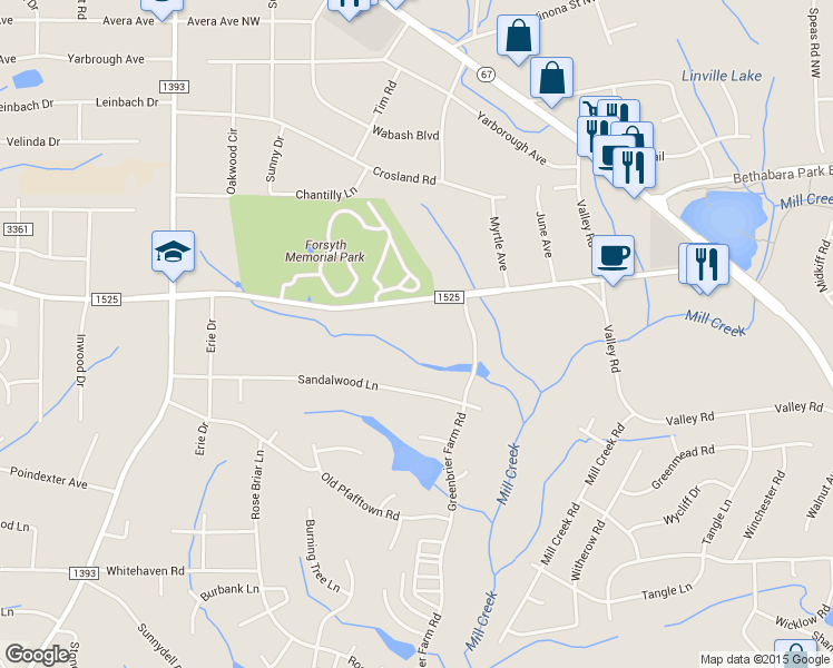 map of restaurants, bars, coffee shops, grocery stores, and more near 3708 Yadkinville Road in Winston-Salem