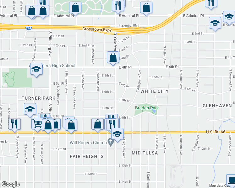 map of restaurants, bars, coffee shops, grocery stores, and more near 611 South Yale Avenue in Tulsa