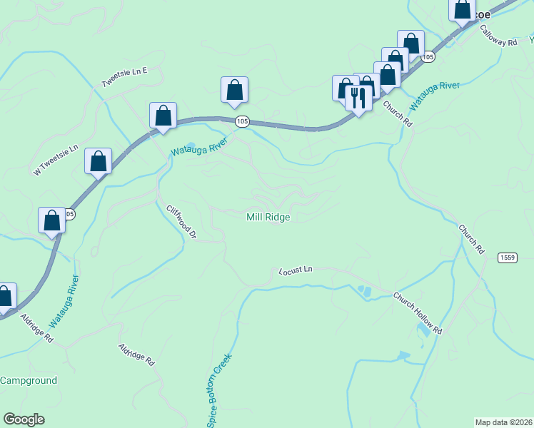map of restaurants, bars, coffee shops, grocery stores, and more near 265 Leatherwood Road in Banner Elk