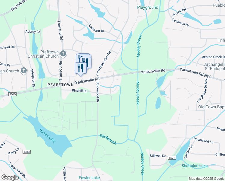 map of restaurants, bars, coffee shops, grocery stores, and more near 4210 Lindsey Lane in Winston-Salem