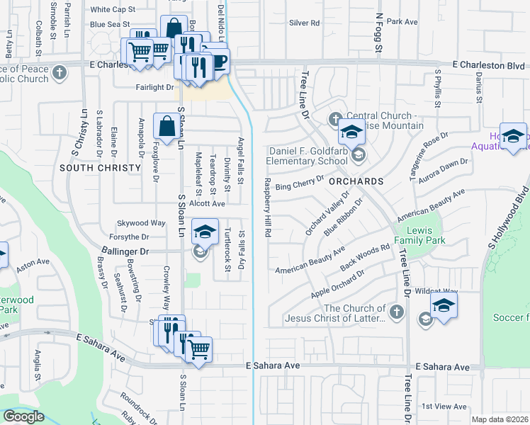 map of restaurants, bars, coffee shops, grocery stores, and more near 1843 Raspberry Hill Road in Las Vegas