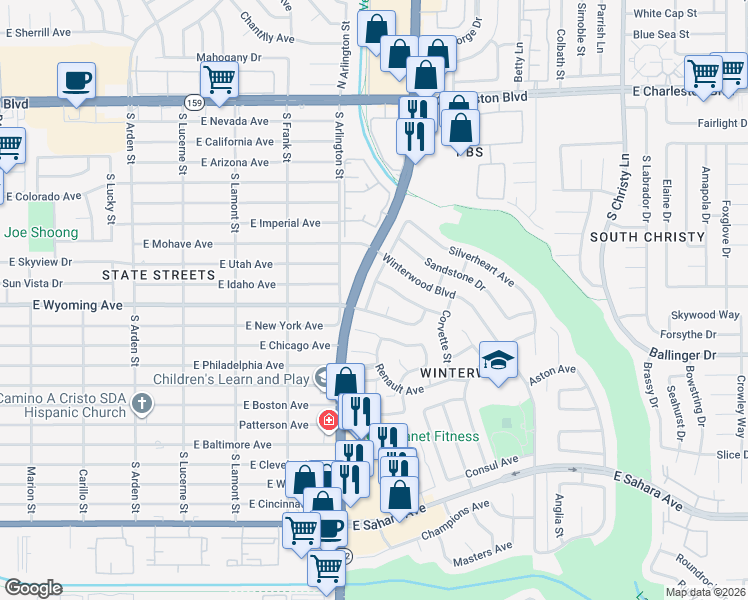 map of restaurants, bars, coffee shops, grocery stores, and more near 5075 Wyoming Avenue in Las Vegas
