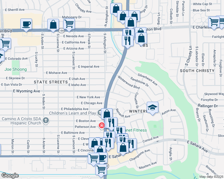map of restaurants, bars, coffee shops, grocery stores, and more near 5016 Silhouette Avenue in Las Vegas