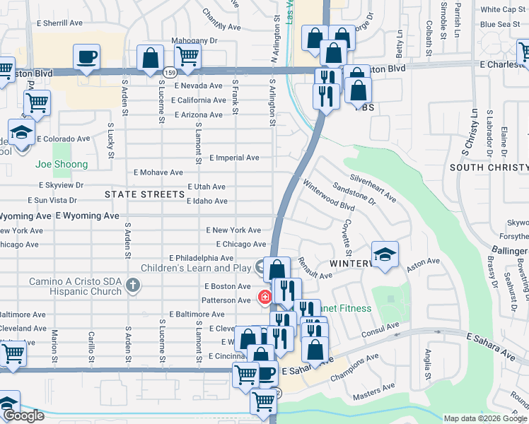 map of restaurants, bars, coffee shops, grocery stores, and more near 4959 East Wyoming Avenue in Las Vegas