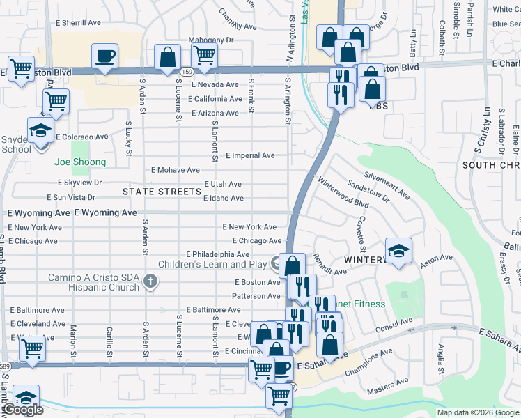 map of restaurants, bars, coffee shops, grocery stores, and more near 4959 East Wyoming Avenue in Las Vegas
