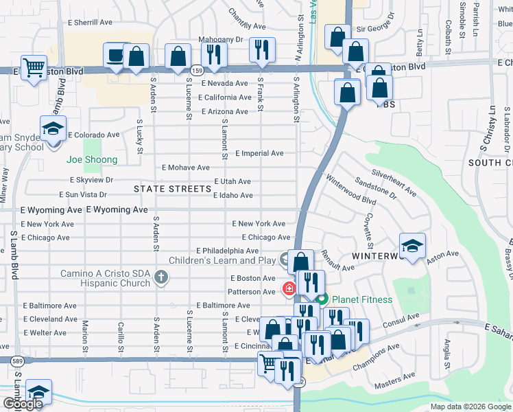 map of restaurants, bars, coffee shops, grocery stores, and more near 4890 East New York Avenue in Las Vegas