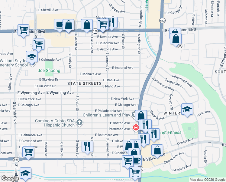 map of restaurants, bars, coffee shops, grocery stores, and more near 4815 East Wyoming Avenue in Las Vegas