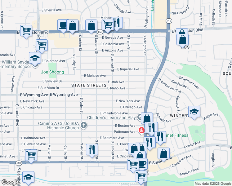 map of restaurants, bars, coffee shops, grocery stores, and more near 4815 East Wyoming Avenue in Las Vegas