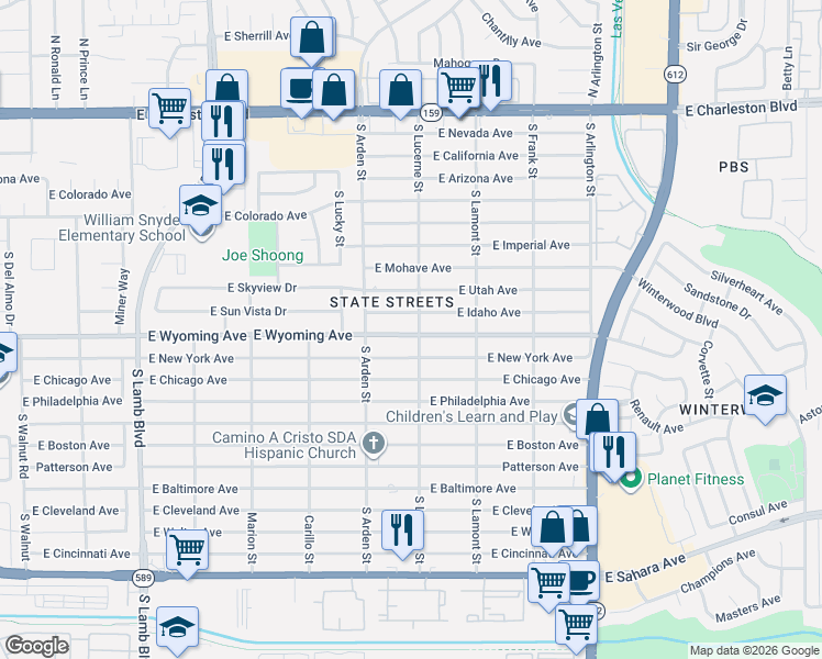 map of restaurants, bars, coffee shops, grocery stores, and more near 4680 East New York Avenue in Las Vegas