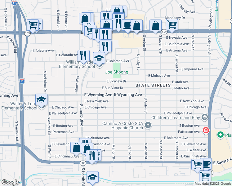 map of restaurants, bars, coffee shops, grocery stores, and more near 4410 East New York Avenue in Las Vegas