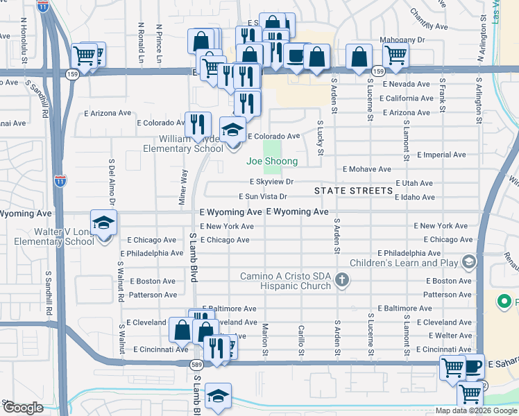 map of restaurants, bars, coffee shops, grocery stores, and more near 4410 East New York Avenue in Las Vegas
