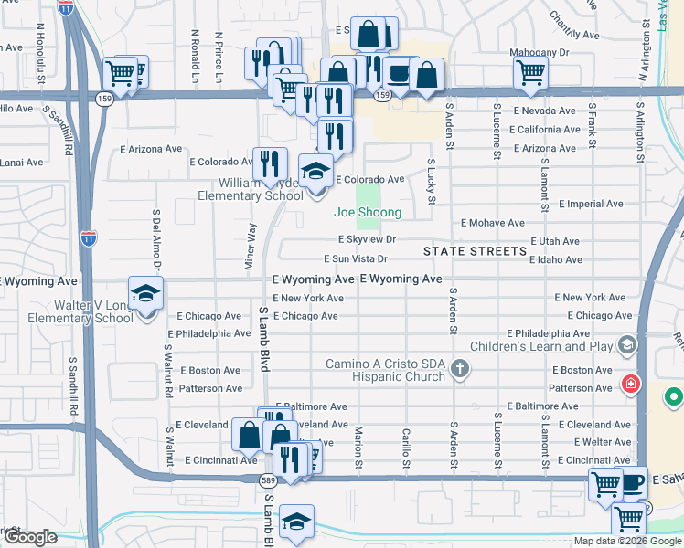 map of restaurants, bars, coffee shops, grocery stores, and more near 4340 East New York Avenue in Las Vegas