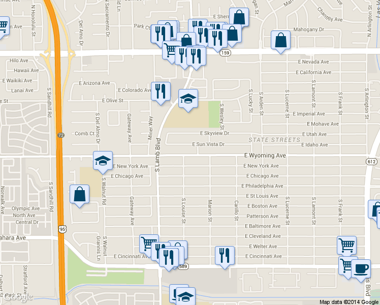 map of restaurants, bars, coffee shops, grocery stores, and more near 4340 East New York Avenue in Las Vegas