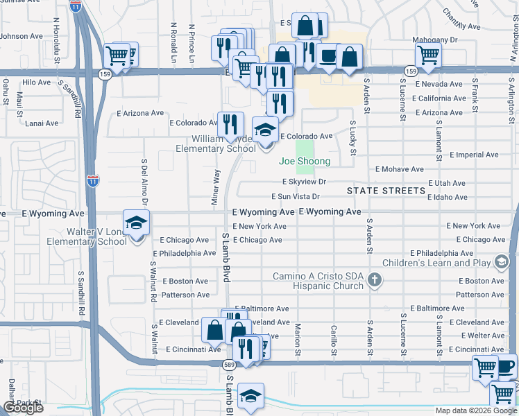 map of restaurants, bars, coffee shops, grocery stores, and more near 4285 East Wyoming Avenue in Las Vegas