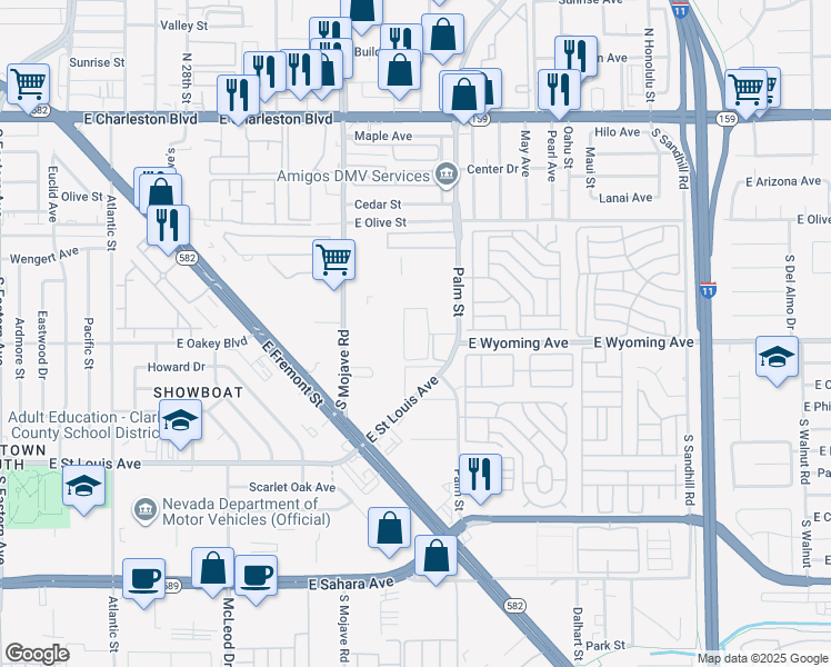 map of restaurants, bars, coffee shops, grocery stores, and more near 1 East Saint Louis Avenue in Las Vegas